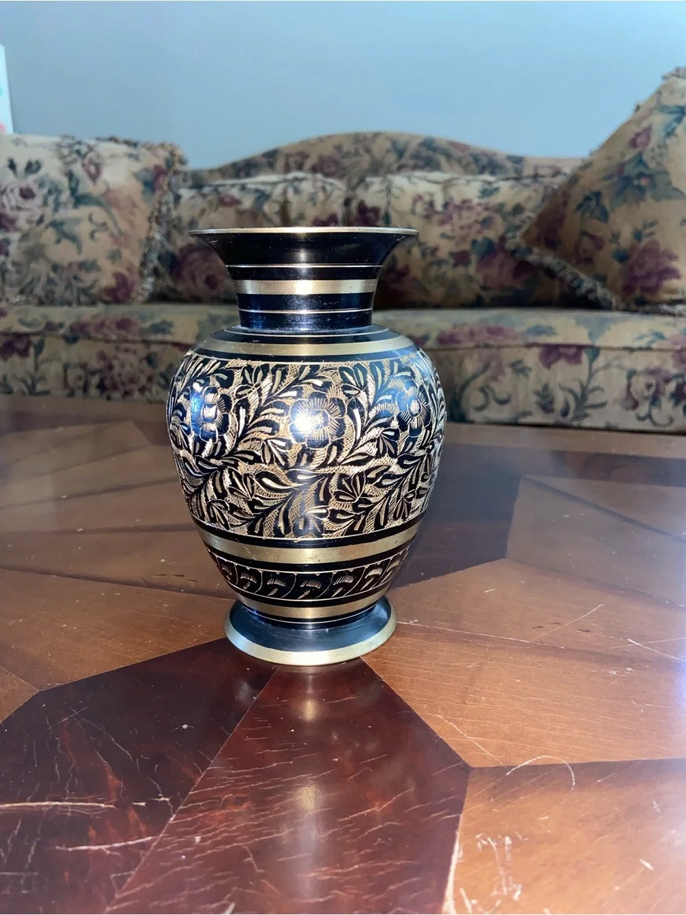 Hand Etched Floral Black Gold Vase Made In India Handmade Vintage Decor